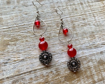 Ruby Earrings Red Ruby Glass Dangle Ruby Hoop Earrings Teardrop Hoop Red Ruby Hoops Ruby Gemstone Clip On Earrings Ear Hangers Gauges