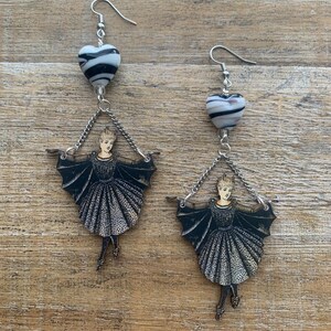 Halloween Goth Dangles Laser Cut Wood Bat Girl Black Earrings Oddity Weirdcore Creepy Victorian Gothic Art Earrings Black Tunnel Clip Ons