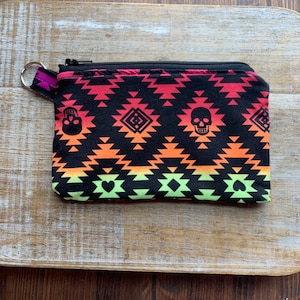 Monedero con calavera azteca, llavero con calavera arcoíris, monedero, neceser, billetera gótica con calavera, portadocumentos, billetera de tela, bolso con cremallera con calavera