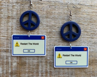 1990s Kid Gamer Earrings Nineties Restart The World Y2K 2000s Saying Computer Earrings Gift Nerd Kidcore Clip On Earrings Ear Hangers