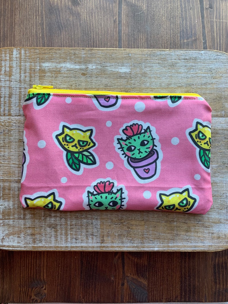 Sassy Cats Wallet Purse Cactus Bag Coin Purse Wallet Bag Lemon Wallet ID Holder Fabric Wallet Cat Cactus Pouch Cat Lemon Gift image 1