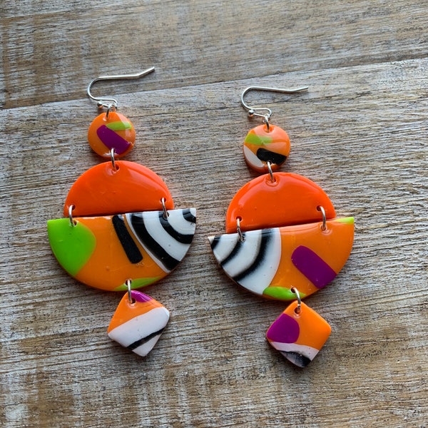 African Tribal Style Earrings Bright Neon Earrings Clay Geometric Dangle Earrings Tribal Earrings Orange Clip On Earrings Ear Hangers Gauges