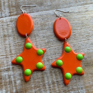 Vintage Atomic Earrings Acrylic Statement Retro Mod Retro Orange Neon Retro Art Deco Star Bright Colorful Clip On Earrings Ear Hangers Gauge