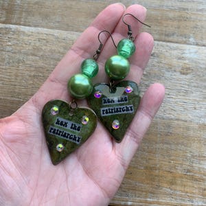 Hex the Patriarchy Earrings Heart Statement Anti Trump Feminist Goth Destroy the Patriarchy Green Rhinestone Clip On Earrings Ear Hangers