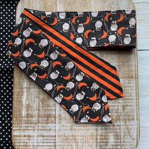 Halloween Owl Head Scarves Wraps Black Gothic Pinup Rockabilly Handmade Self Tie Hair Scarf Hair Tie Halloween October Hair Wrap Reversible