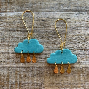 Rain Cloud Clay Earrings Cloud Earrings Polymer Clay Rain Cloud Rainy Day Earrings Weather Gold Clay Raindrop Clip On Earrings Ear Hangers