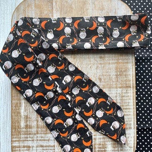 Halloween Owl Head Scarves Wraps Black Gothic Pin UP Rockabilly Handmade Self Tie Hair Scarf Hair Tie Halloween October Hair Wrap