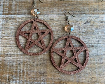 Boucles d'oreilles créoles Wicca pentagramme marron découpées au laser Pentagramme sarcelle cerceaux de déclaration Wicca paillettes clip sur boucles d'oreilles cintres d'oreilles