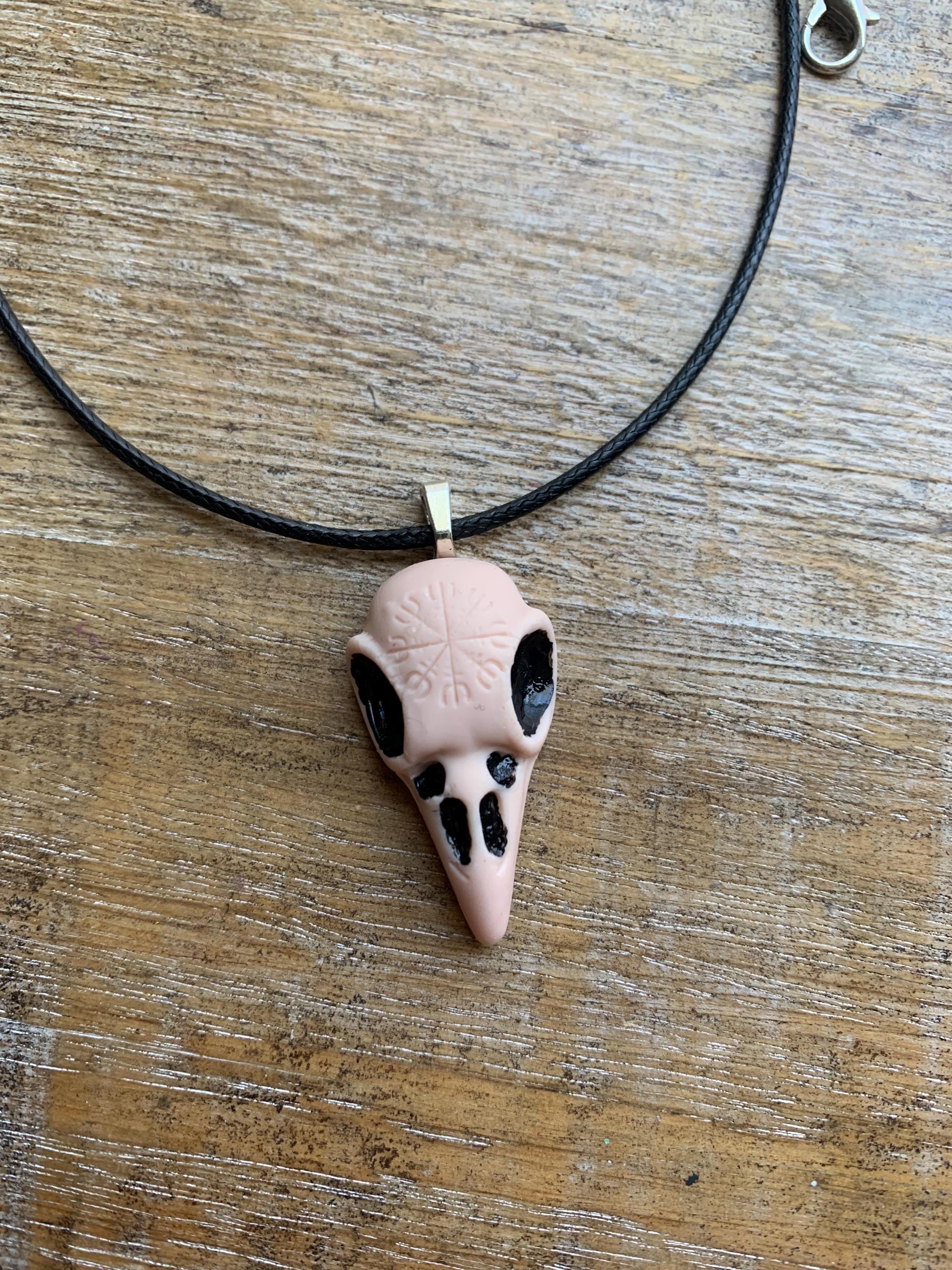 Viking Helm of Awe Raven Skull Necklace Painted Polymer Clay Black