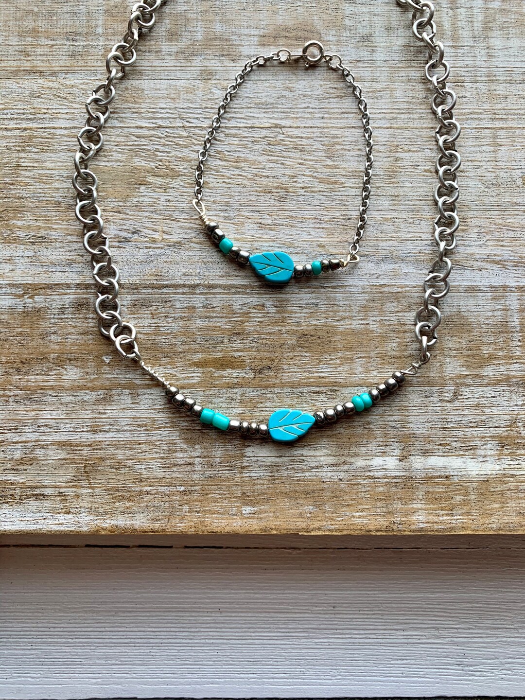 Leaves Necklace Bracelet Set Blue Howlite Leaf Earth Necklace Bracelet ...