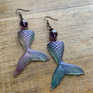 Mermaid Tail Earrings Resin Mermaid Jewelry Opalescent Mermaid Bronze Earrings Purple Mermaid Tail Clip On Earrings Ear Hangers Siren Gauges