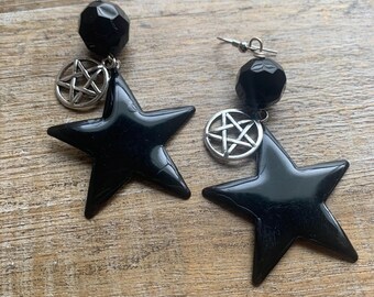 Gothic Star Pentagram Earrings Gothic Pentagram Recycled Star Black Upcycled Punk Clip On Earrings Ear Hangers Ear Weights Gauges Goth