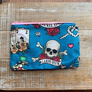 Retro Wallet Pouch Rockabilly Blue Cards Bag Coin Purse Pinup Girl Bag Retro Nostalgic Wallet Skull ID Holder Fabric Wallet Pinup Girl Bag