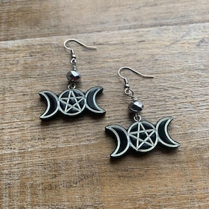 Witch Earrings Pentagram Earrings Triple Moon Earrings Black Witch Earrings Crescent Moon Earrings Gothic Statement Earrings Gift