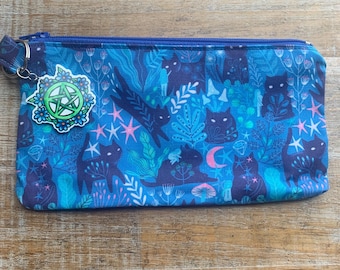 Monedero con diseño de gato místico, llavero con diseño de gatos brujos, monedero con cremallera, tarjetero para identificación, llavero con cremallera, gatito, gato, luna azul