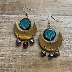 Moon Art Deco Style Upcycled Wallpaper Polymer Clay Mid Century Earrings Clip On Witchy Gold Moon Teal Crystal One of a Kind Ear Hangers