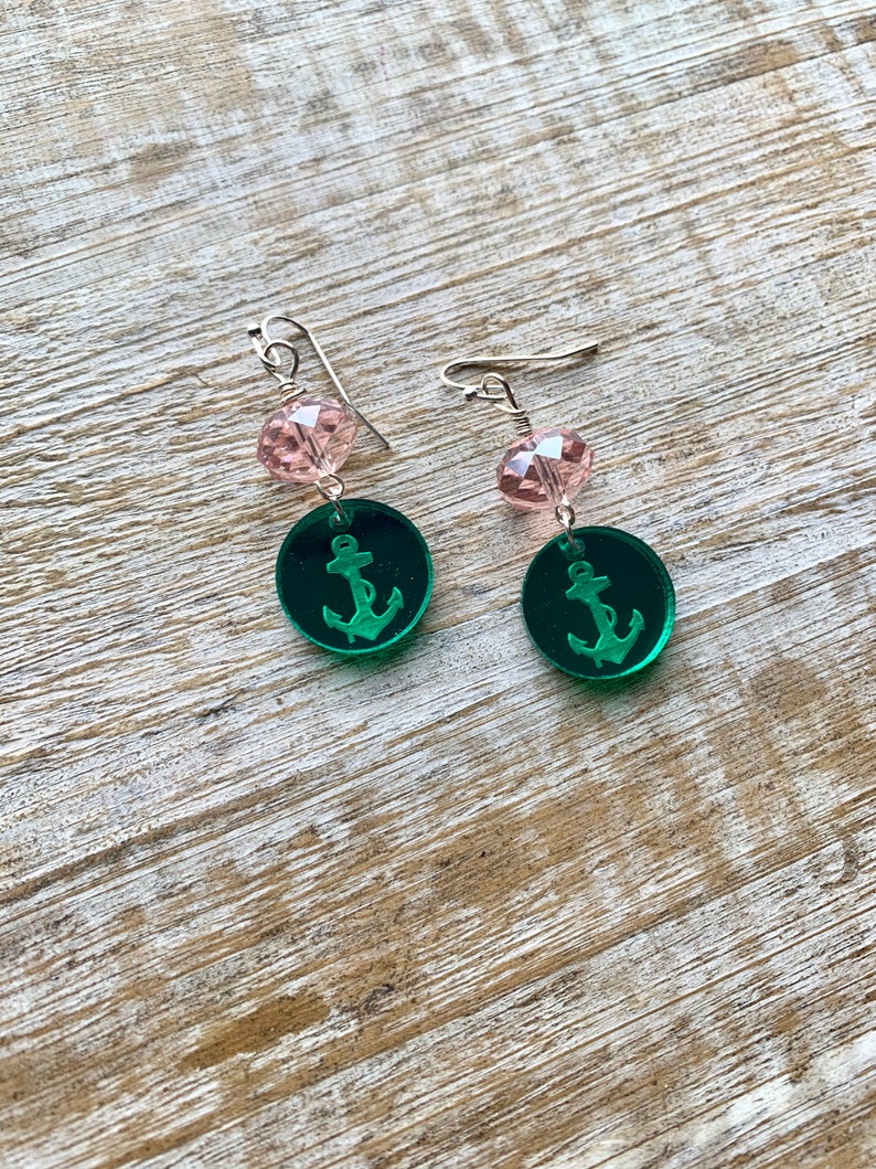 Anchor Earrings Laser Cut Earrings Nautical Earrings Rockabilly Anchor Earrings Green Earrings Pink Earrings Anchor Sailor Gift