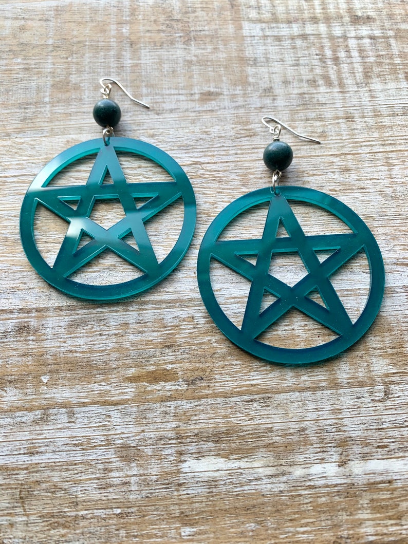 Wicca Pentagram Teal Hoop Earrings Laser Cut