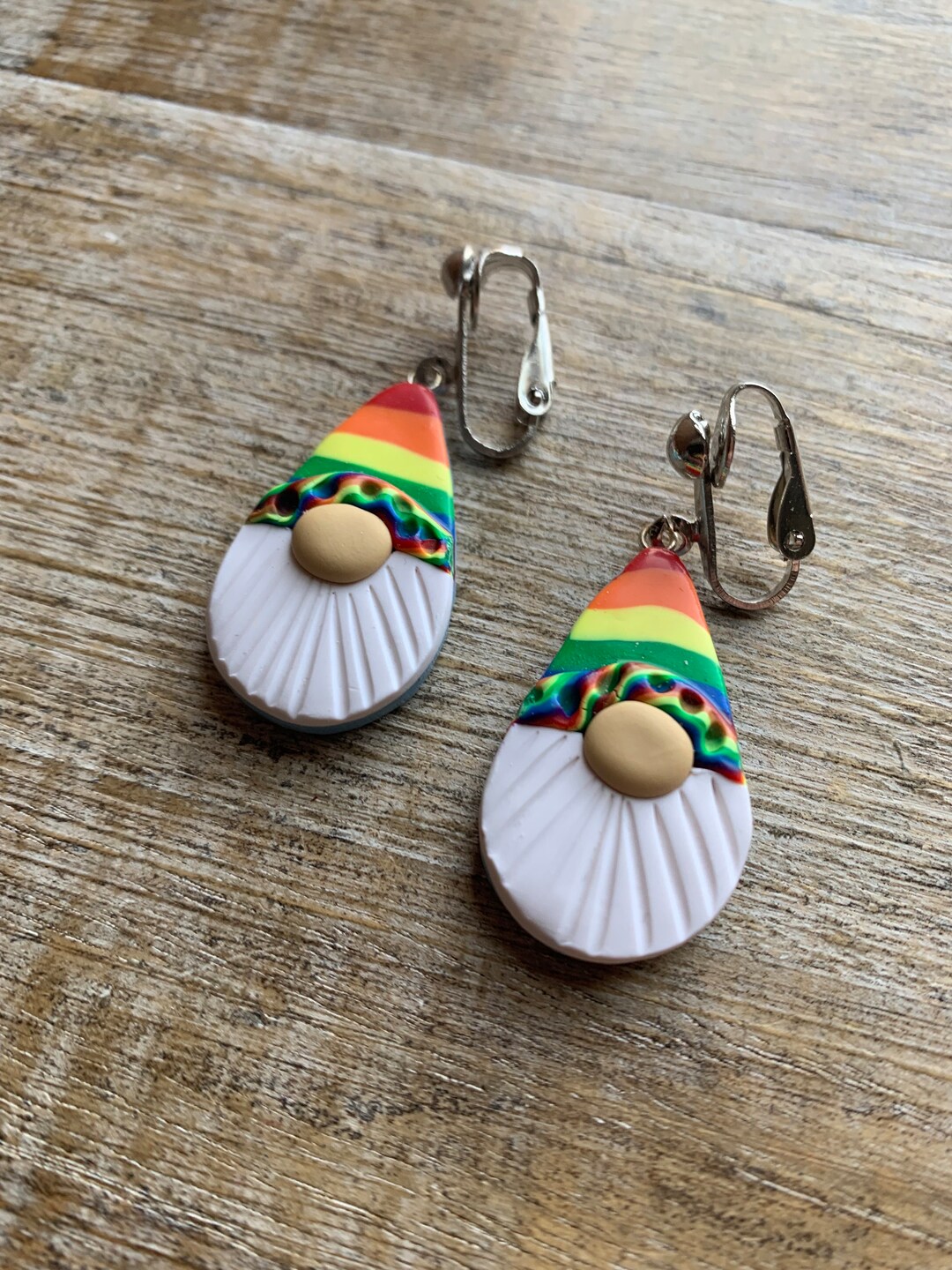 Gnome Gay Pride Clip on Earrings Clay Gnome Clip Earrings Rainbow