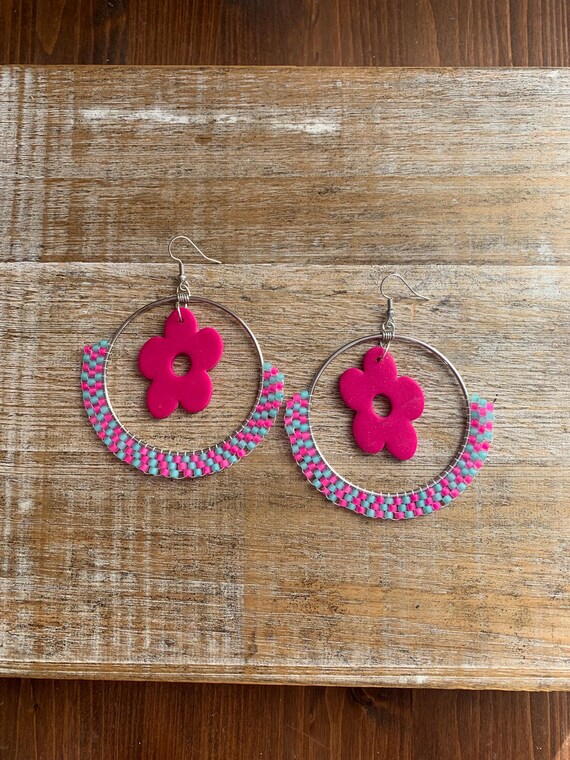 Pink Hoop Earrings Hoops Floral Beaded Cute Circle Earrings Pink