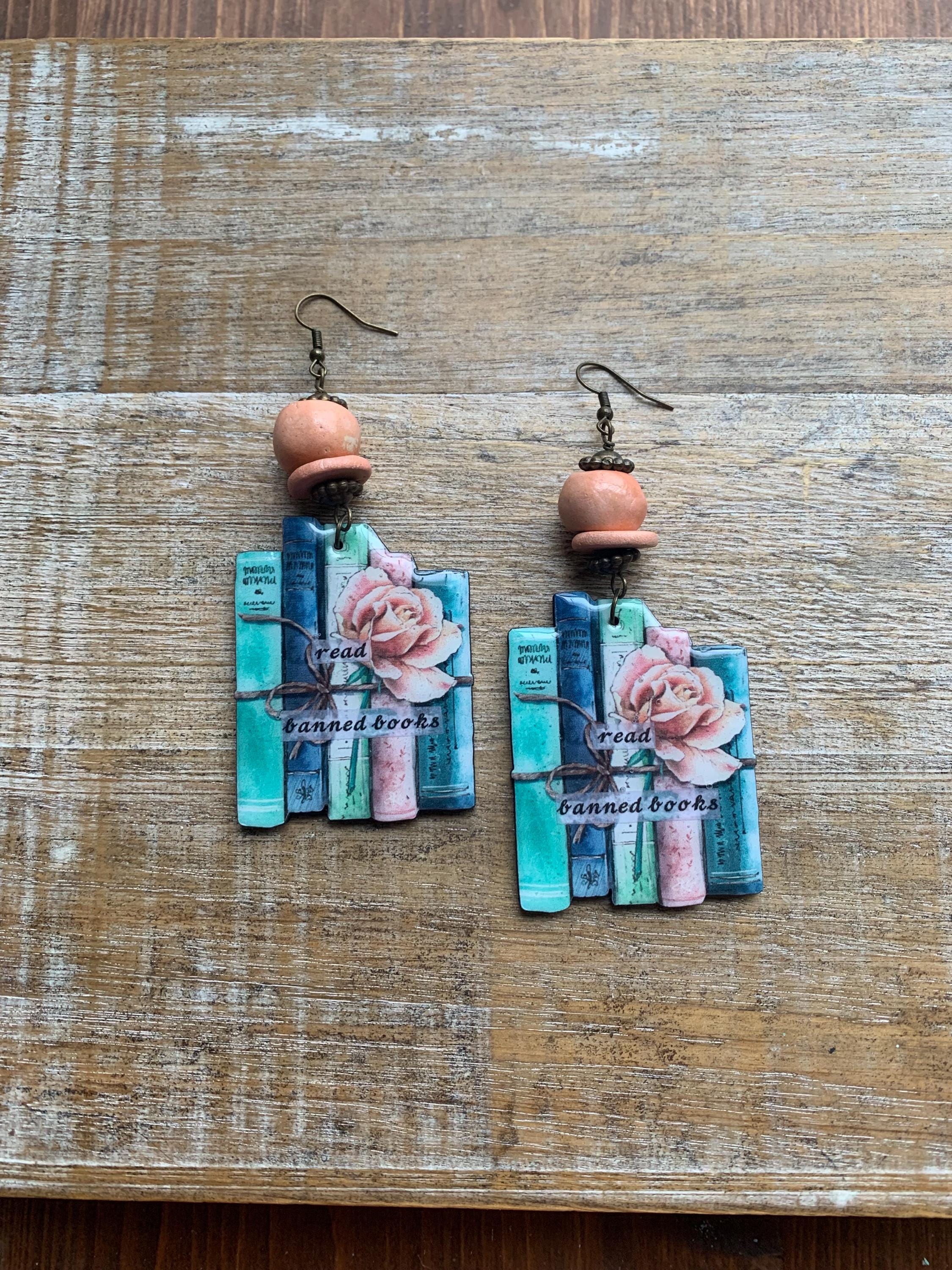 Floral Books Read Banned Books Liberal Democrat Library Books Reading Earrings Rose Books Fdt Anti Republican Ear Hangers Clip On Earrings