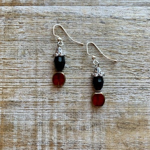 Minimalist Geometric Earrings Black Silver Tone Diffuser Tunnel Gauge Red Glass Beads Earthy Boho Black Minimalist Clip On Earrings