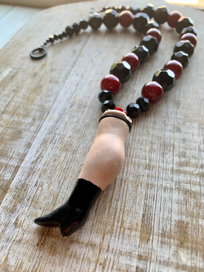 Porcelain Doll Leg Necklace with Rose Oddity Doll Jewelry Gothic Black Necklace Victorian Style Necklace