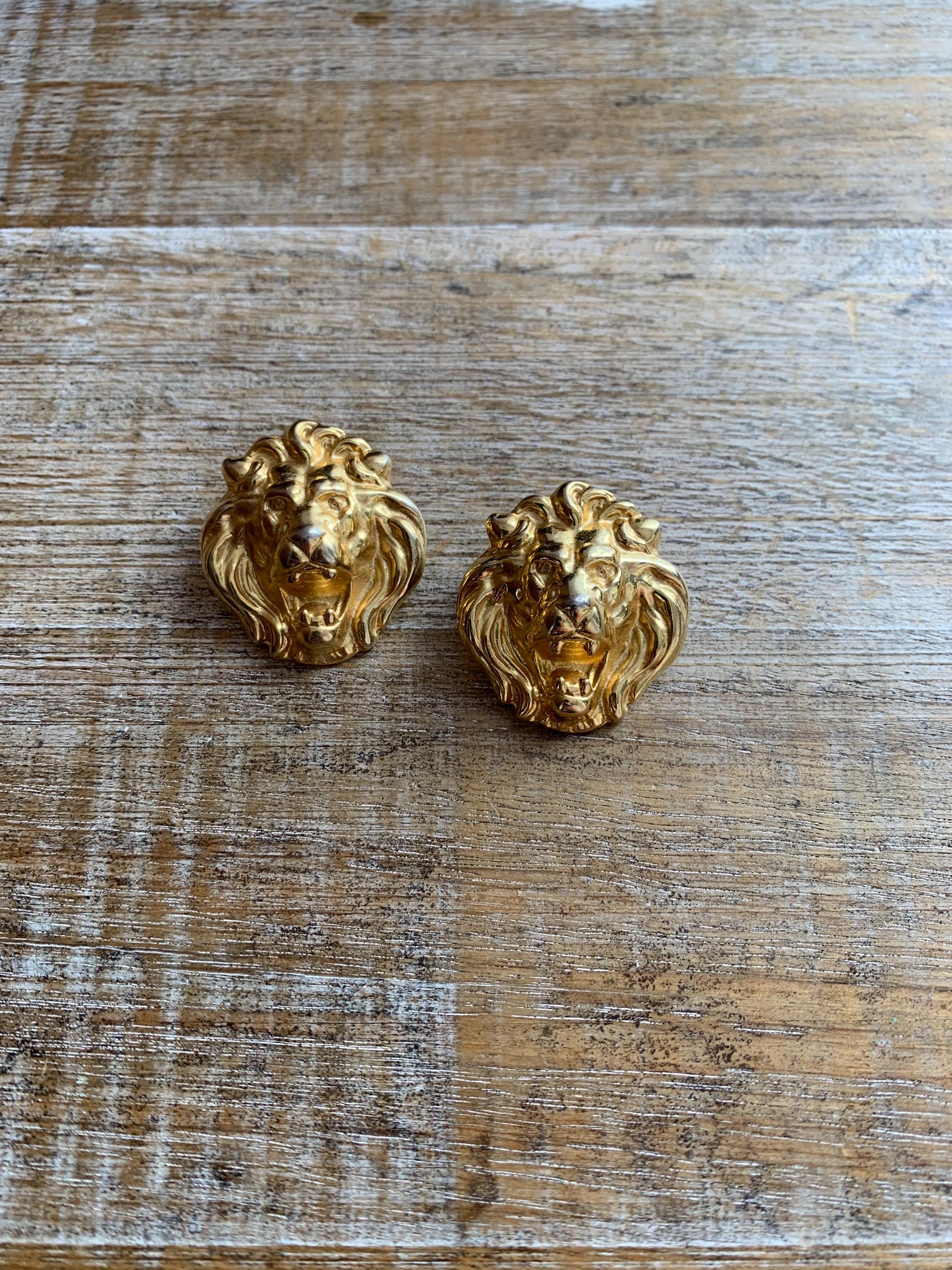 Vintage Lion Head Earrings Roaring Lion Gold Tone Stud