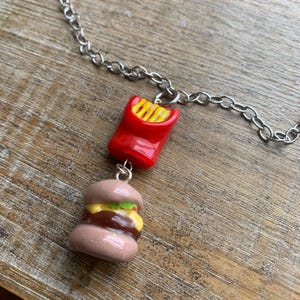 Cheeseburger with French Fries Necklace Polymer Clay Hamburger Fries Food Chain Pendant Necklace Lampwork Fry Burger Silver Tone Necklace