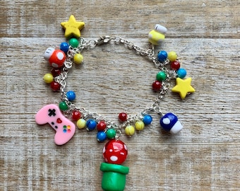 Video Game Charm Bracelet Gamer Bracelet Clay Charm Bracelet Video Game Bracelet Mushroom Gift Bracelet Controller Bracelet Gift Gamer Girl