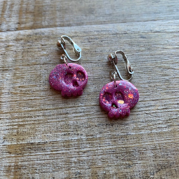 Gothic Skull Clip On Earrings Pink Skull Clip Cute Gothic Skull Glitter Clip On Polymer Clay Clip Earrings Halloween Ear Hangers Ear Weight