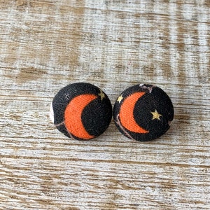 Celestial Moon Stud Earrings Button Upcycled Fabric Scrap Studs Crescent Moon Wicca Earrings Star Earrings Studs Moon Studs Earrings
