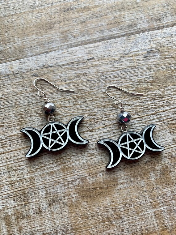 Witch Earrings Pentagram Earrings Triple Moon Earrings Black