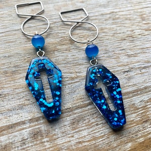 Coffin Tunnel Gauge Earrings Cross Wicca Blue Tunnel Resin Glitter Blue Coffin Ear Weights Cross Glitter Ear Hangers Clip On Earrings