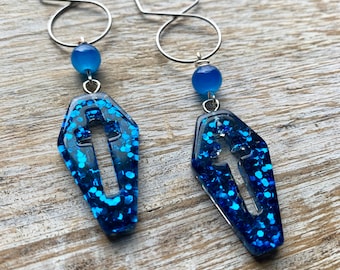 Coffin Tunnel Gauge Earrings Cross Wicca Blue Tunnel Resin Glitter Blue Coffin Ear Weights Cross Glitter Ear Hangers Clip On Earrings