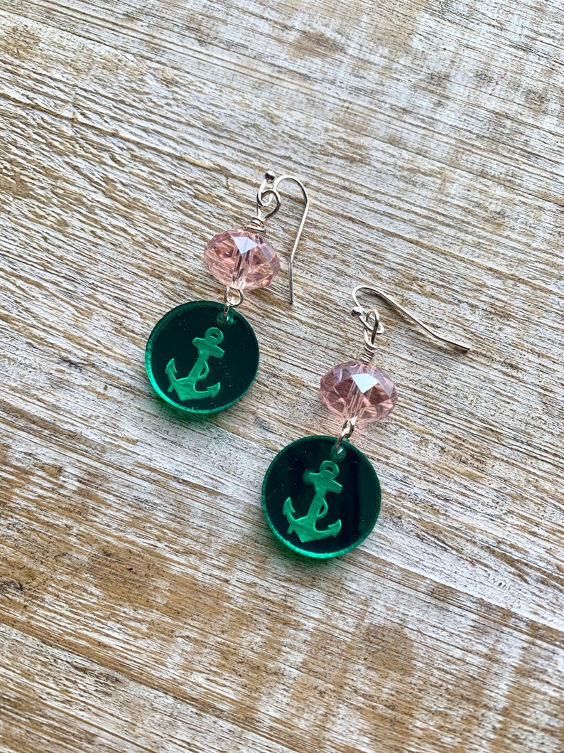 Anchor Earrings Laser Cut Earrings Nautical Earrings Rockabilly Anchor Earrings Green Earrings Pink Earrings Anchor Sailor Gift
