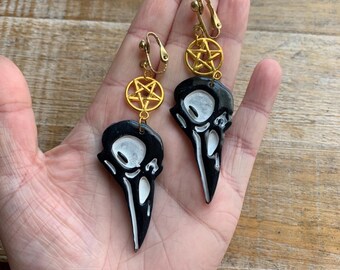 Halloween Clip On Earrings Polymer Clay Raven Halloween Clip Pentagram Clip On Skull Earrings Halloween Gothic Creepy Clip Ons Ear Hangers
