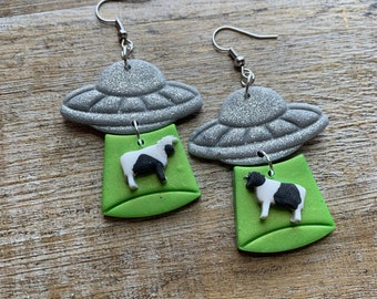 Alien Abduction Earrings Polymer Clay Alien Cow Earrings Extraterrestrial Earrings Space Earrings Abduction Alien UFO Earrings