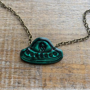 Alien Polymer Clay Green UFO Necklace Spaceship with Alien Abduction Clay Green Necklace I Want to Believe Aliens Extra Terrestrial Beings
