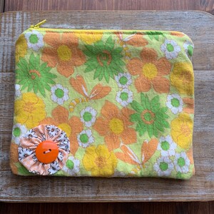 Floral Cosmetic Pouch Upcycled Fabric Bag Coin Purse Recycled Bag Floral Wallet Fabric Wallet Makeup Bag Lime Green Flower Upcycled Bags