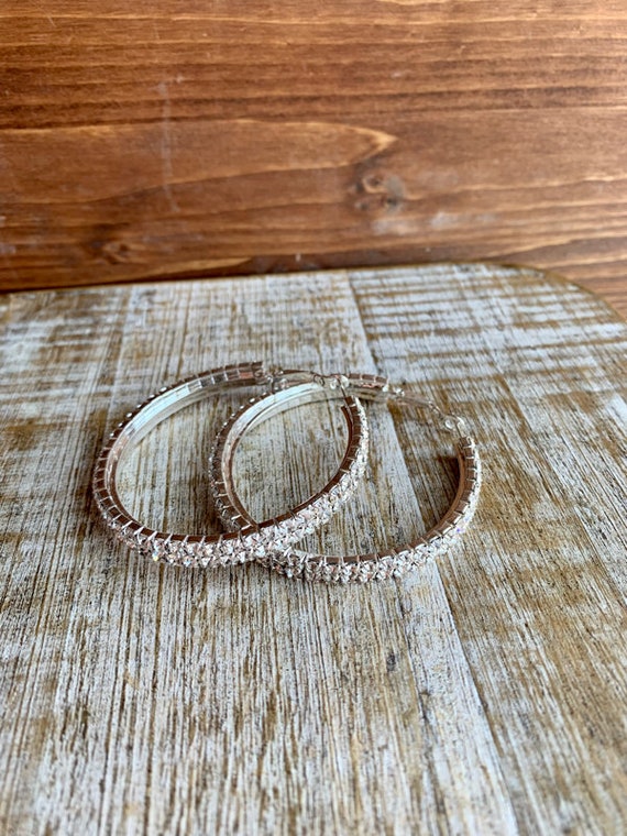 Vintage Rhinestone Hoops Metal Earrings 2 Inch Hoo