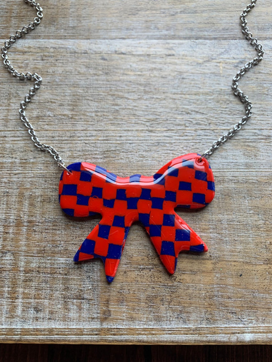 Bow Polymer Clay Necklace Rockabilly Pinup Checkerboard Bow Skater
