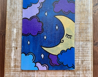 Trippy Moon Painting Acrylic Mod Painting Crescent Moon Paint Marker Art Celestial Painting Clouds Painting Night Time Painting