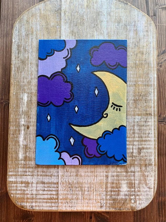 Trippy Moon Painting Acrylic Mod Painting Crescent Moon Paint Marker Art Celestial Painting Clouds Painting Night Time Painting