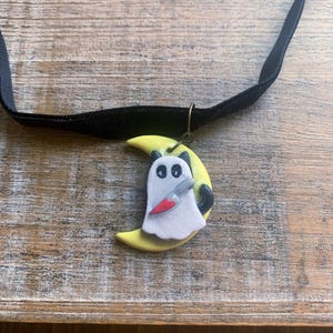 Crescent Moon Black Cat Choker Witchy Black Necklace Wicca Necklace Moon Cat with Knife Halloween Choker Celestial Necklace Clay Necklace