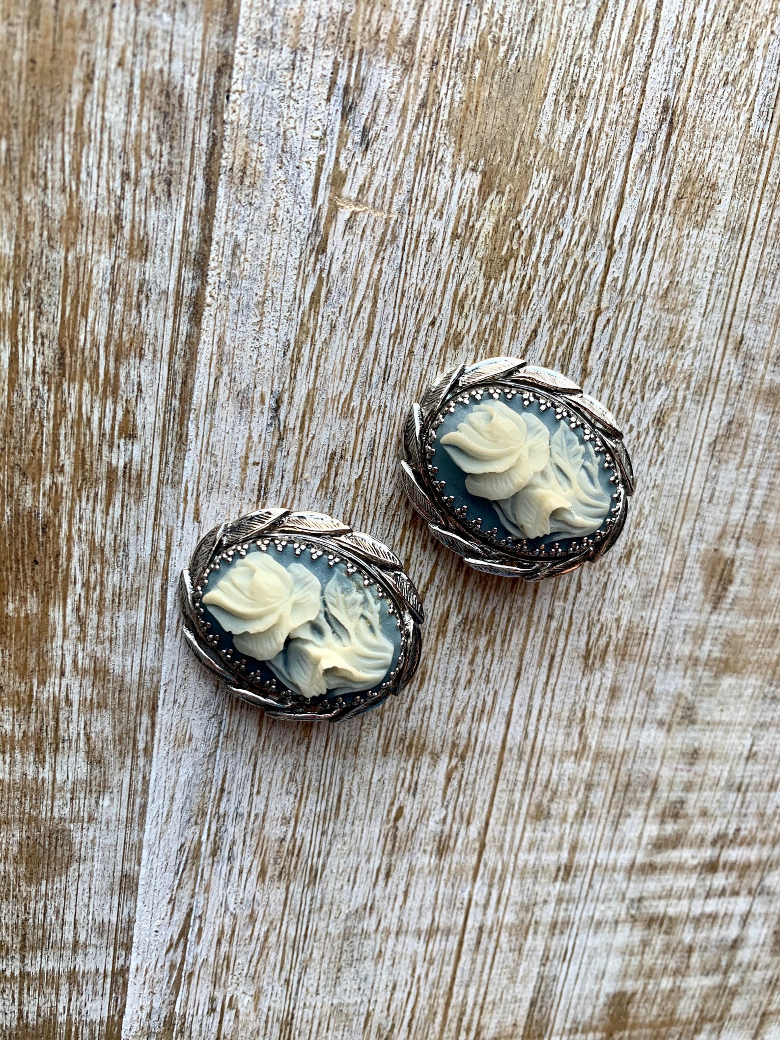 Vintage Whiting & Davis Co Clip on Cameo Rose Earrings Silver | Etsy