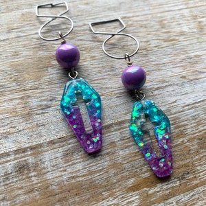 Coffin Cross Wicca Pastel Tunnel Earrings Resin Glitter Pastel Coffin Ear Weights Cross Glitter Ear Hangers Coffin Tunnels Clip On Earrings