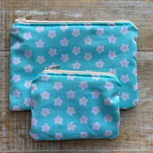 Retro Daisy Wallet Coin Purse SET Cute Bag Teal Cosmetic Purse Bag Tan Daisy Wallet ID Holder Fabric Makeup Purse Floral Zipper Bag