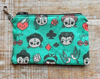 Skull Wallet Coin Purse Halloween Bag Coin Purse Teal Rockabilly Wallet ID Holder Fabric Bag Greaser Zipper Pouch Swallow Skull Pinup Gift