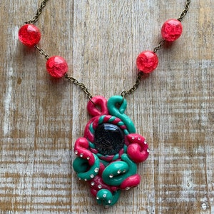 Octopus Tentacle Pendant Necklace Green Polymer Clay Cephalopod Octopus Necklace Clay Pink Tentacle Statement Necklace Pendant